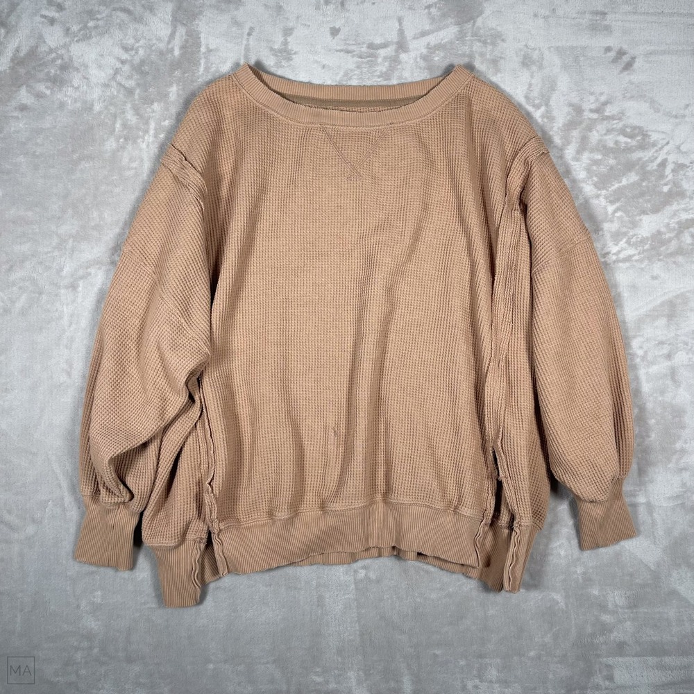 American Eagle Women's Sweater Oversized Waffle Knit Seriously Lived In XS Tan
